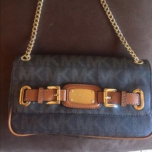 MK brown leather logo shoulder bag with chain